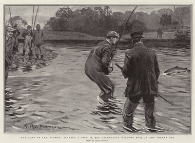 サーモンの最後、ボーダーデスクの有名なウィロープールで魚を演じる 作： Arthur Rackham